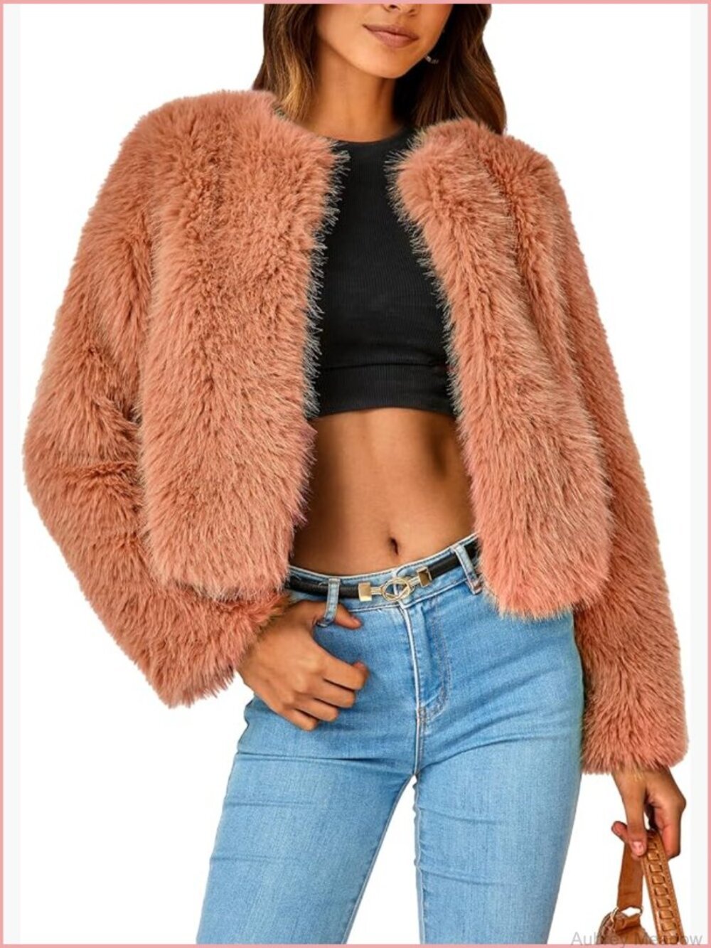 Cropped Faux Fur Jacket with Pockets Fleece Shaggy Winter Coat